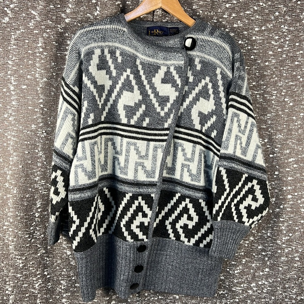 Vintage 70s Leroy Knitwear Womens M Cardigan‎ Sweater Gray Tribal Bohemian Aztec